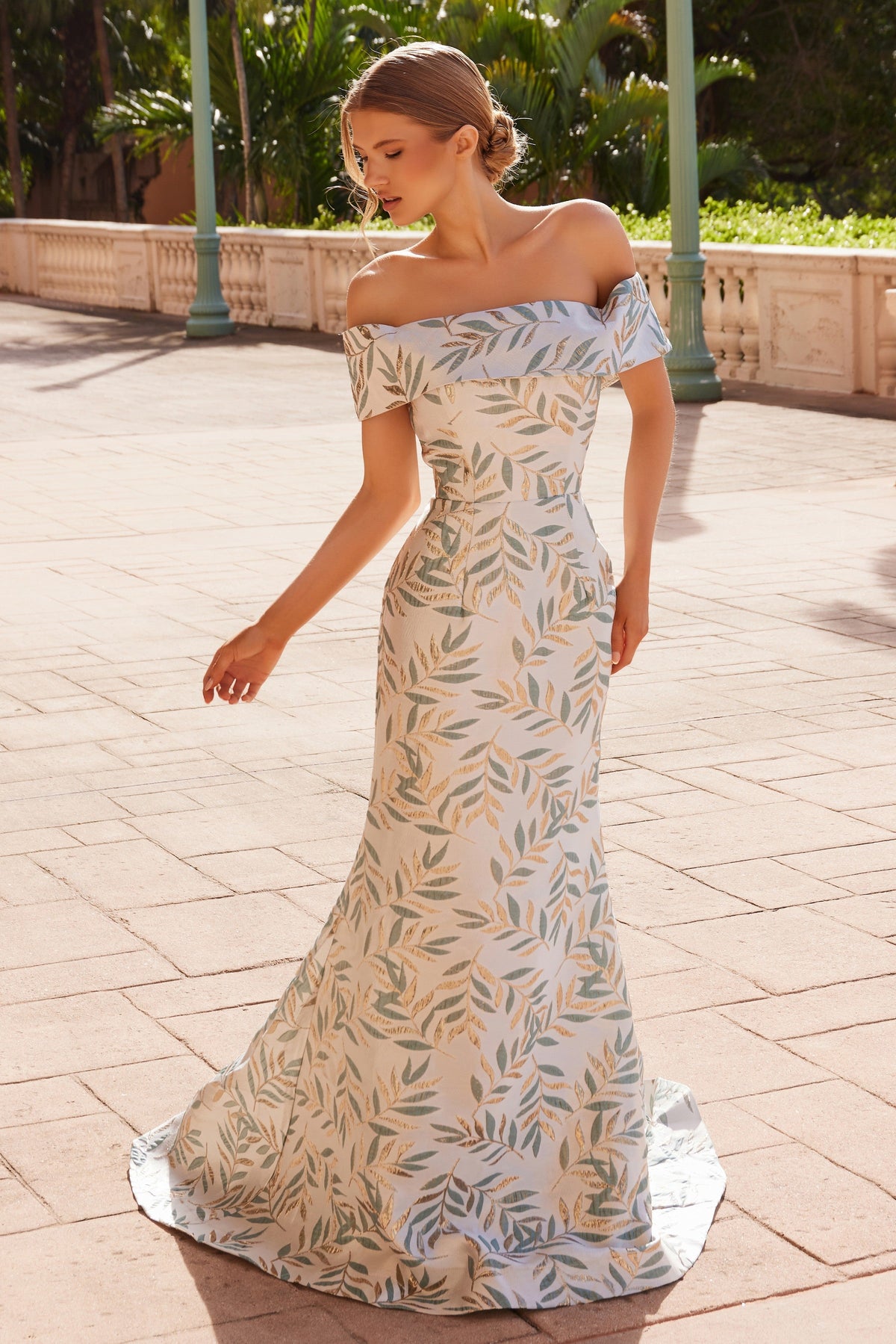 Nox Anabel MJ134 Stunning Jacquard Off-Shoulder Gown