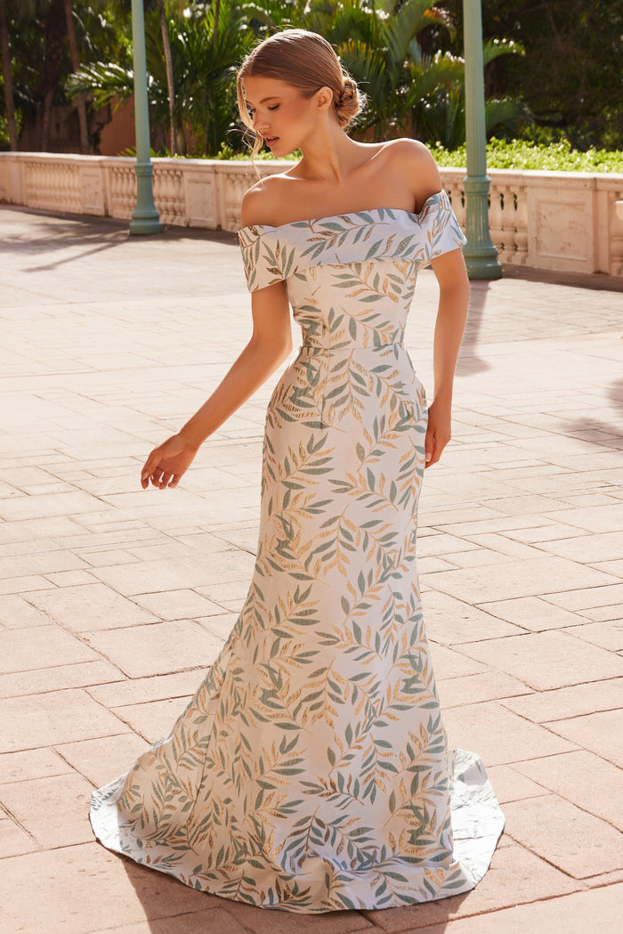 Nox Anabel MJ134 Stunning Jacquard Off-Shoulder Gown