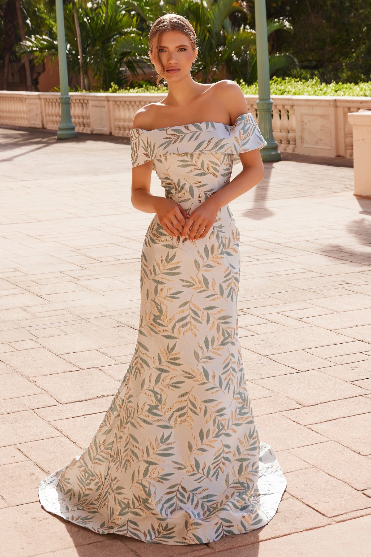 Nox Anabel MJ134 Stunning Jacquard Off-Shoulder Gown