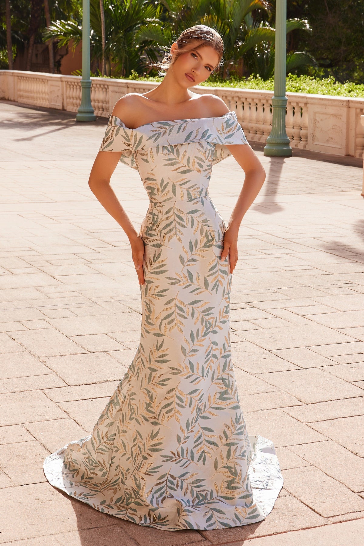 Nox Anabel MJ134 Stunning Jacquard Off-Shoulder Gown