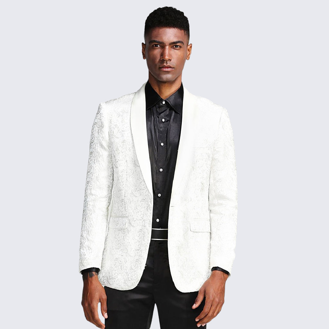 White Paisley Tuxedo Jacket with Shawl Lapel – Wedding & Prom