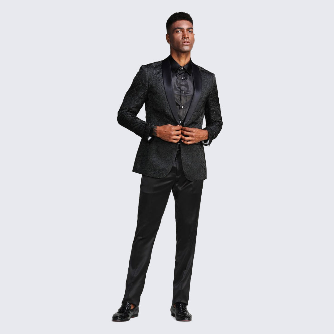 Black Tuxedo Jacket Paisley Pattern Slim Fit - Wedding - Prom