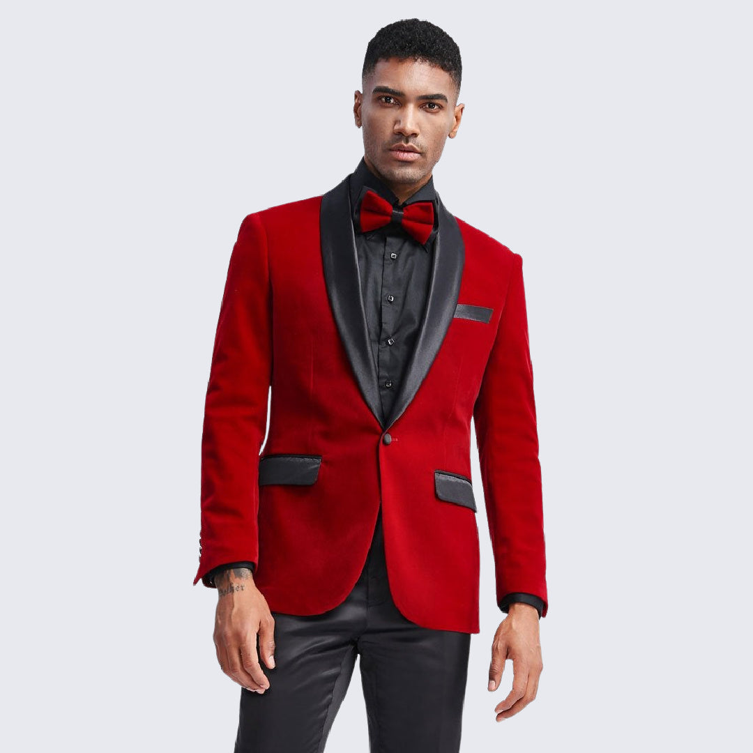 Red Velvet Tuxedo Jacket with Shawl Lapel – Slim Fit