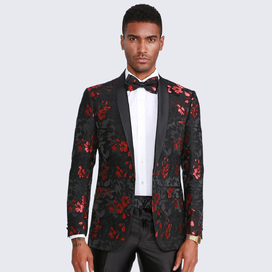Red and Black Tuxedo Jacket Floral Pattern Slim Fit - Wedding - Prom