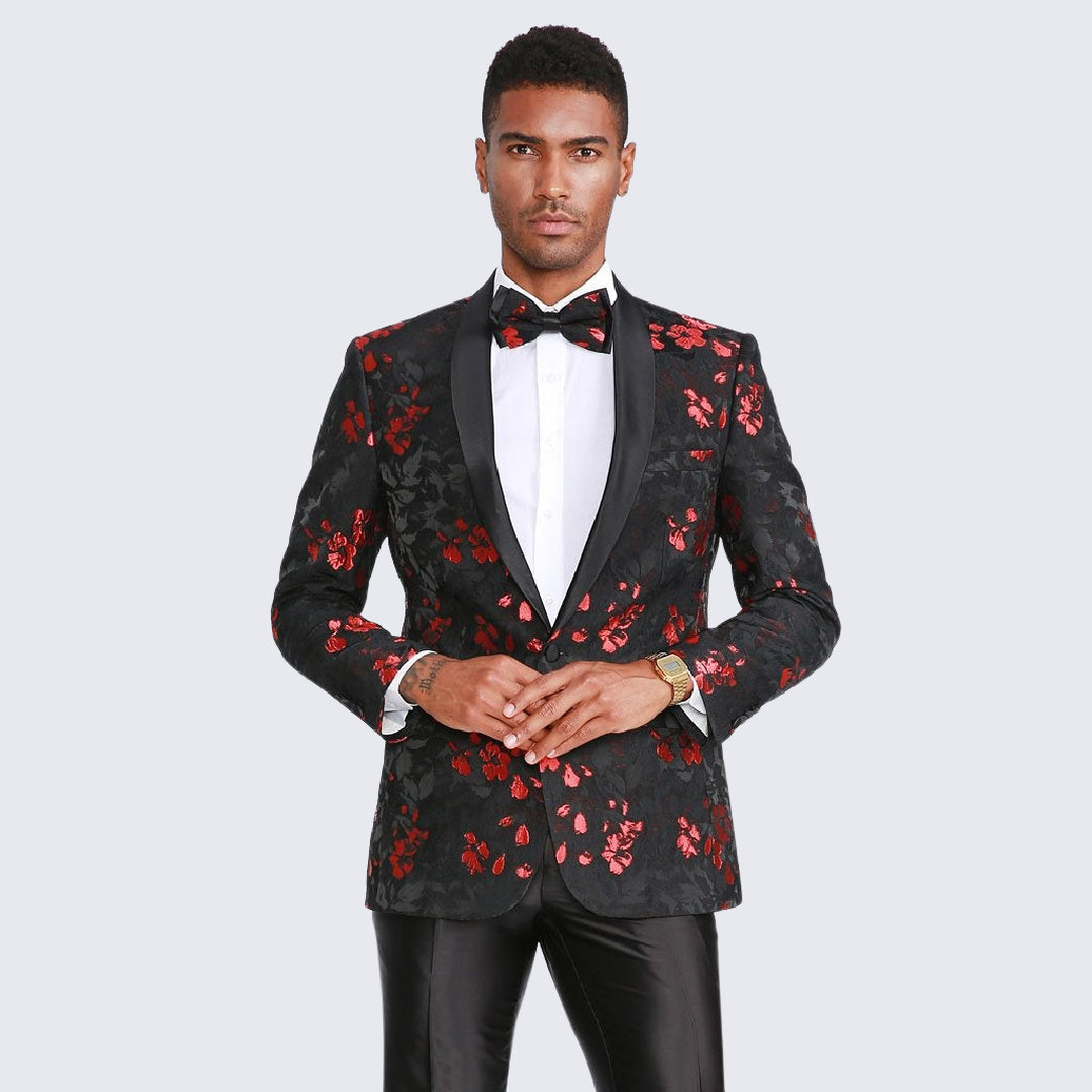 Red and Black Tuxedo Jacket Floral Pattern Slim Fit - Wedding - Prom