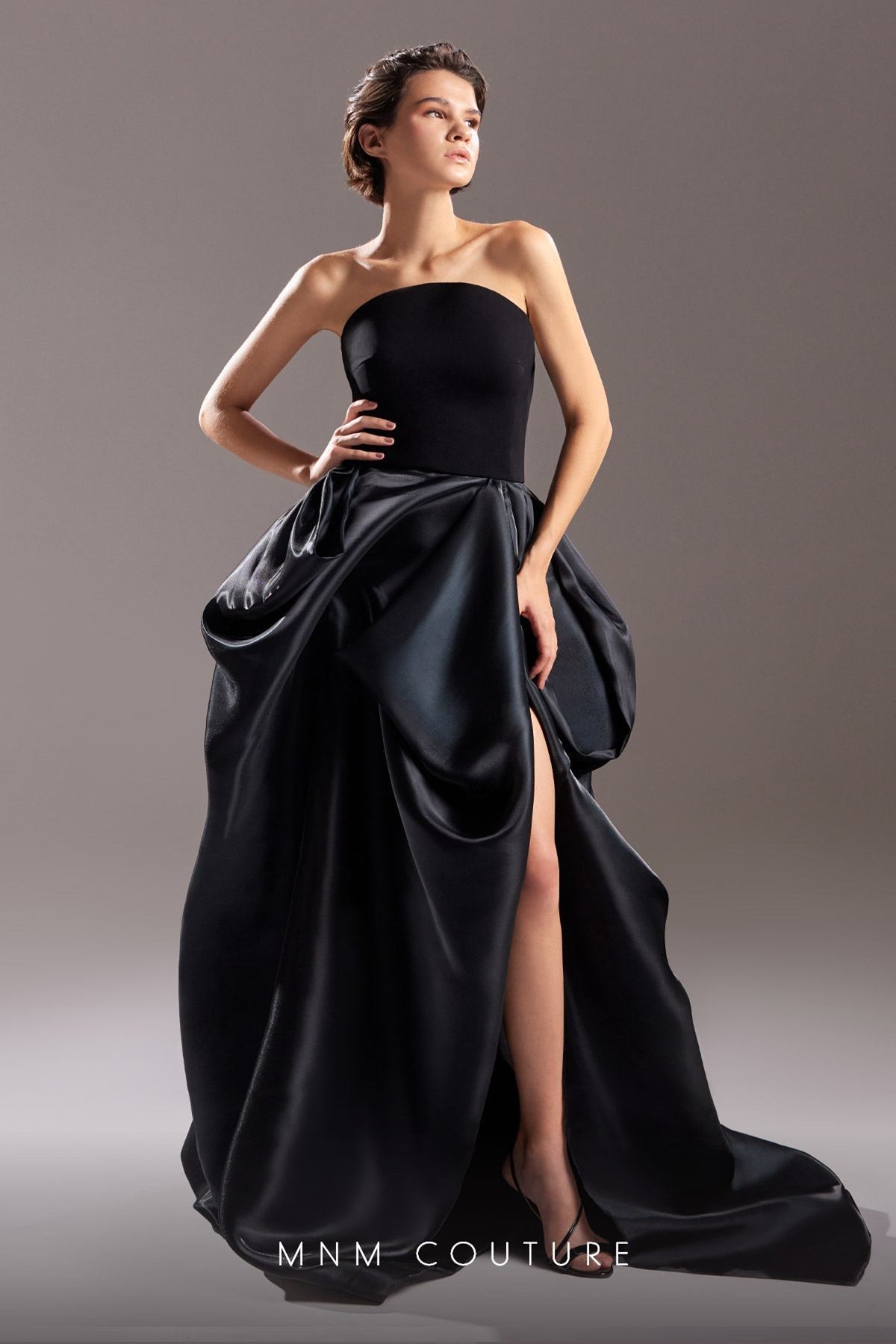 Gaby Charbachy G1509 Strapless Satin Ball Gown with Slit in Black