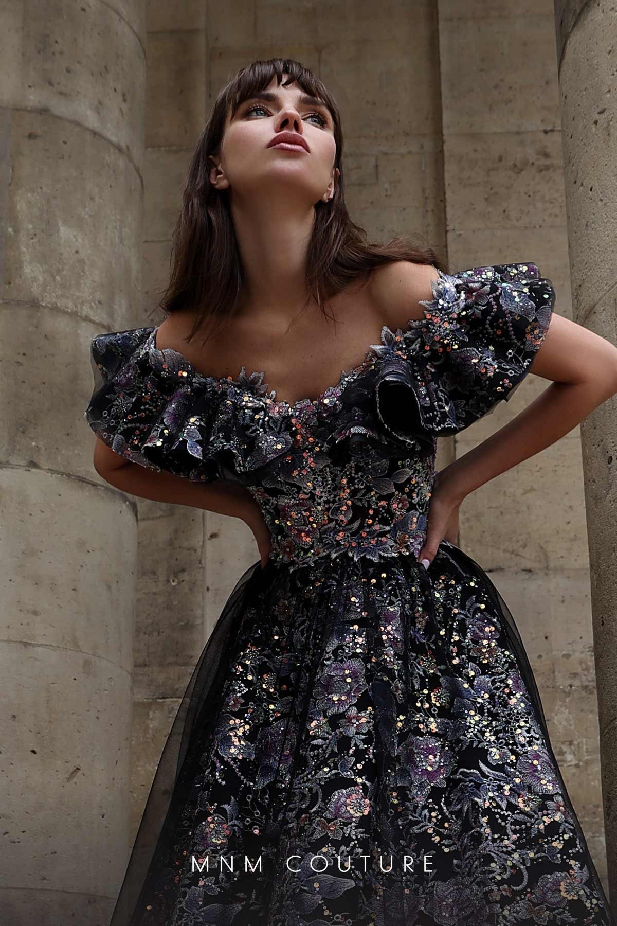 MNM Couture K4018 Black Off-Shoulder Sequin Ball Gown