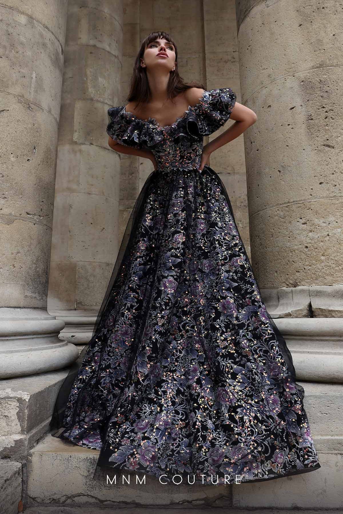 MNM Couture K4018 Black Off-Shoulder Sequin Ball Gown