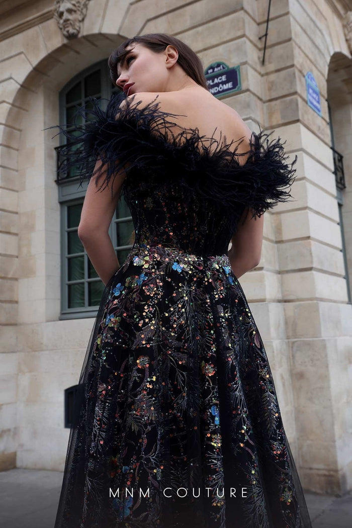 Black Feather-Shoulder Ball Gown by MNM Couture K4021