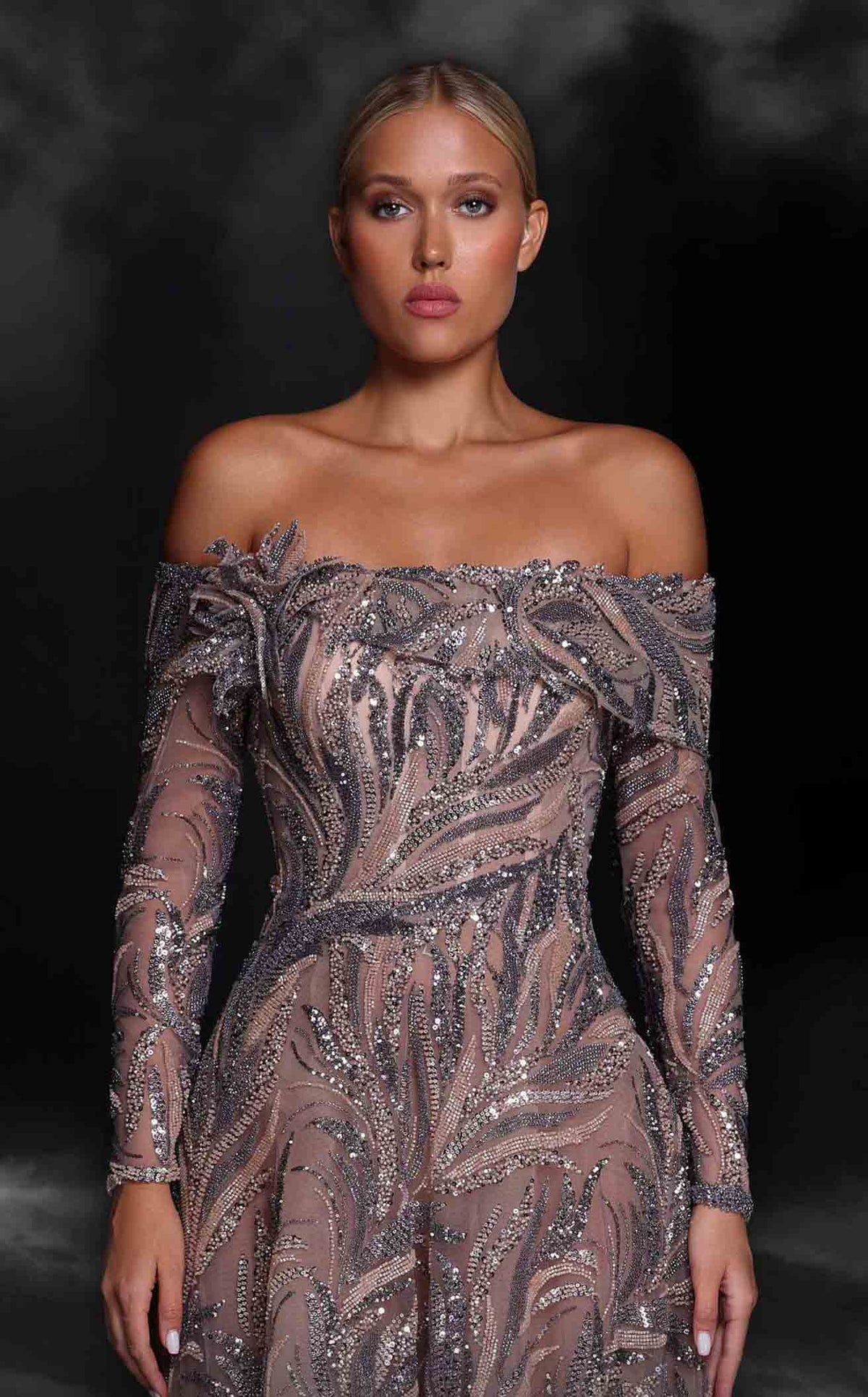 MNM Couture K4105 Off-Shoulder Blue Embellished Gown