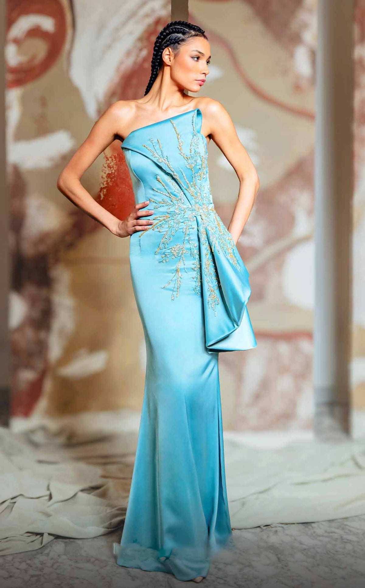 MNM Couture K4172 One-Shoulder Aqua Gown with Embellished Draping