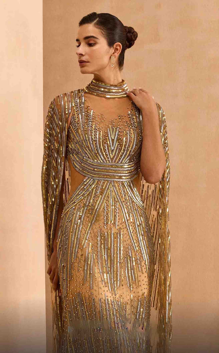 MNM Couture M1145 Embellished Sheer Cape Sleeve Gown – Black