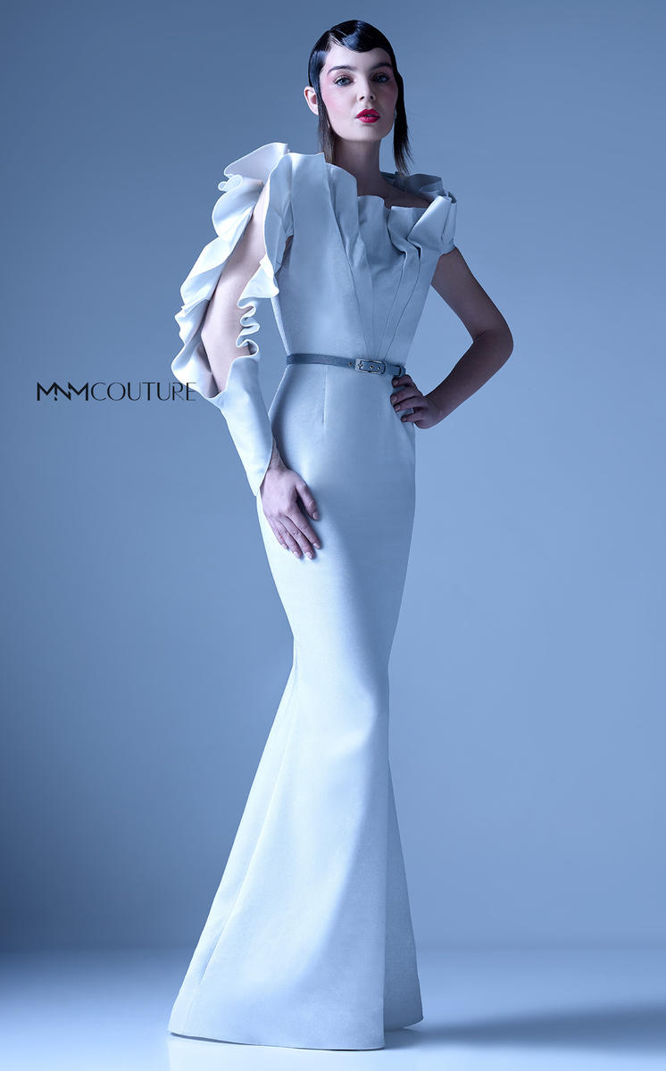 MNM Couture Gaby Charbachy G0934 Silver One-Sleeve Ruffle Evening Dress