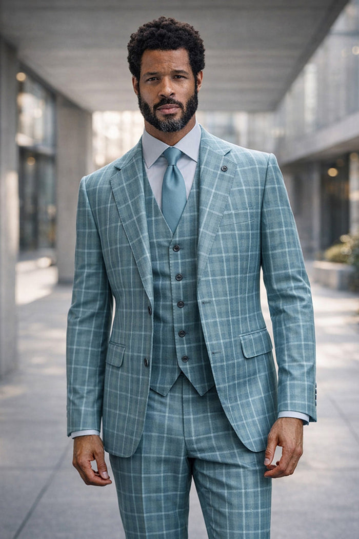Statement Men's Plaid Jade Green Modern Fit 3 Piece Fashion Suit Modena