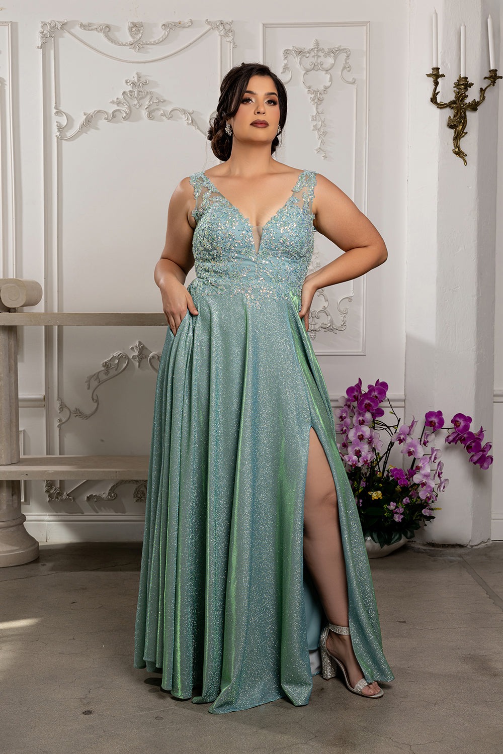 Special Occasion Dress High Slit Plunging V-Neck By May Queen MQ2137