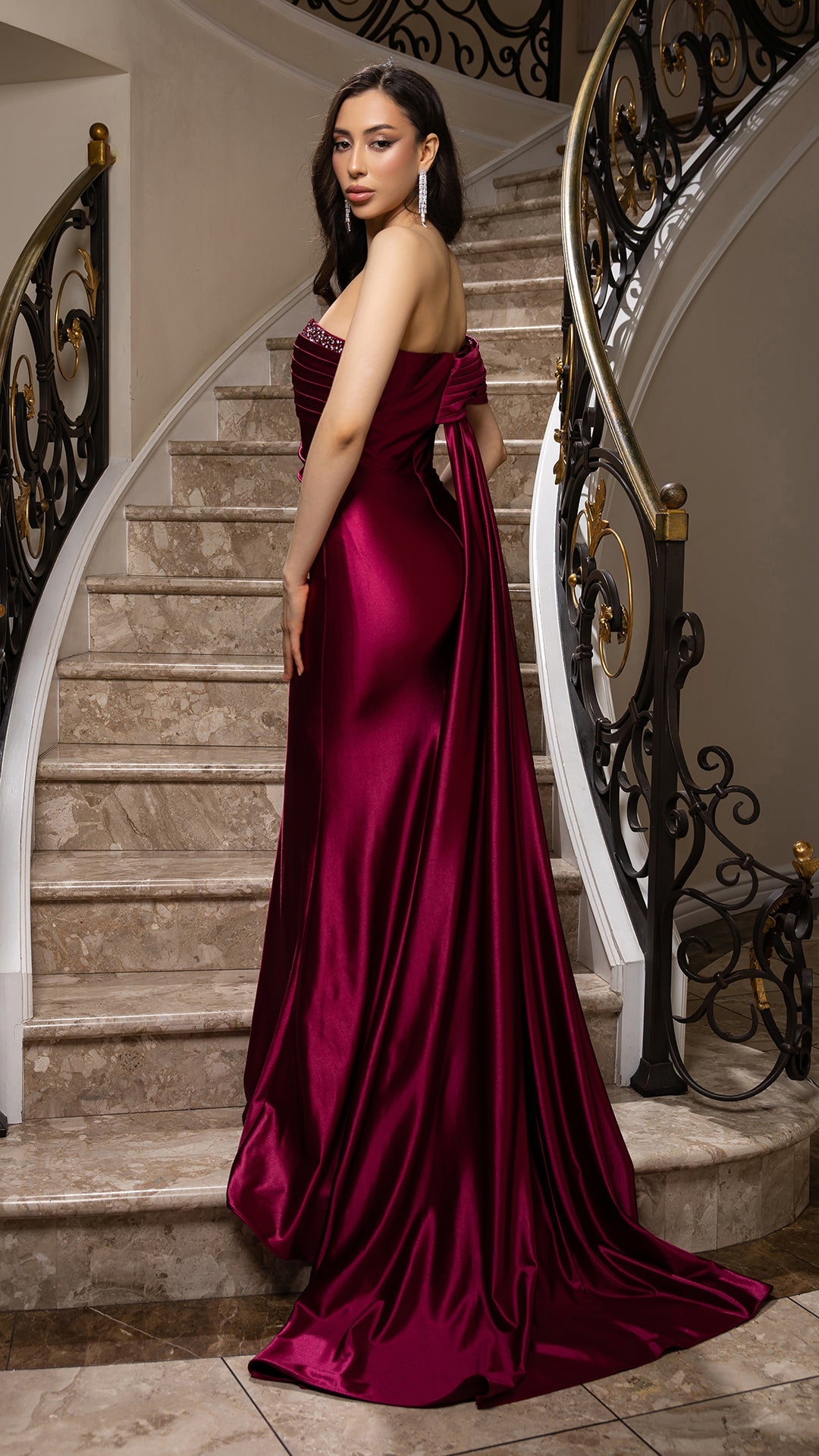 Elegant Satin Off-Shoulder Evening Gown with Floral Appliqué and Sweep Train By May Queen MQ2175