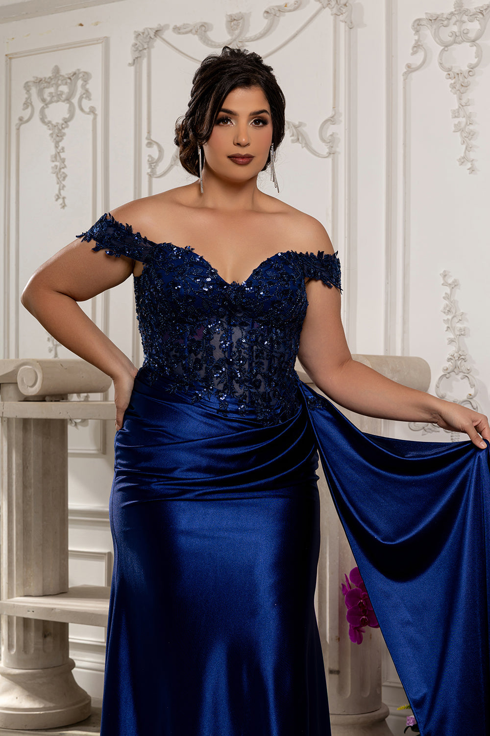 Off Shoulder Sequin Lace Satin Gown Fitted Corset Bodice Draped Skirt & Train by May Queen MQ2177