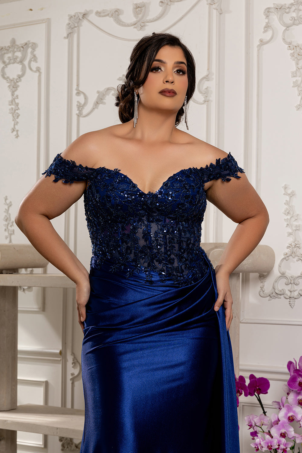 Off Shoulder Sequin Lace Satin Gown Fitted Corset Bodice Draped Skirt & Train by May Queen MQ2177