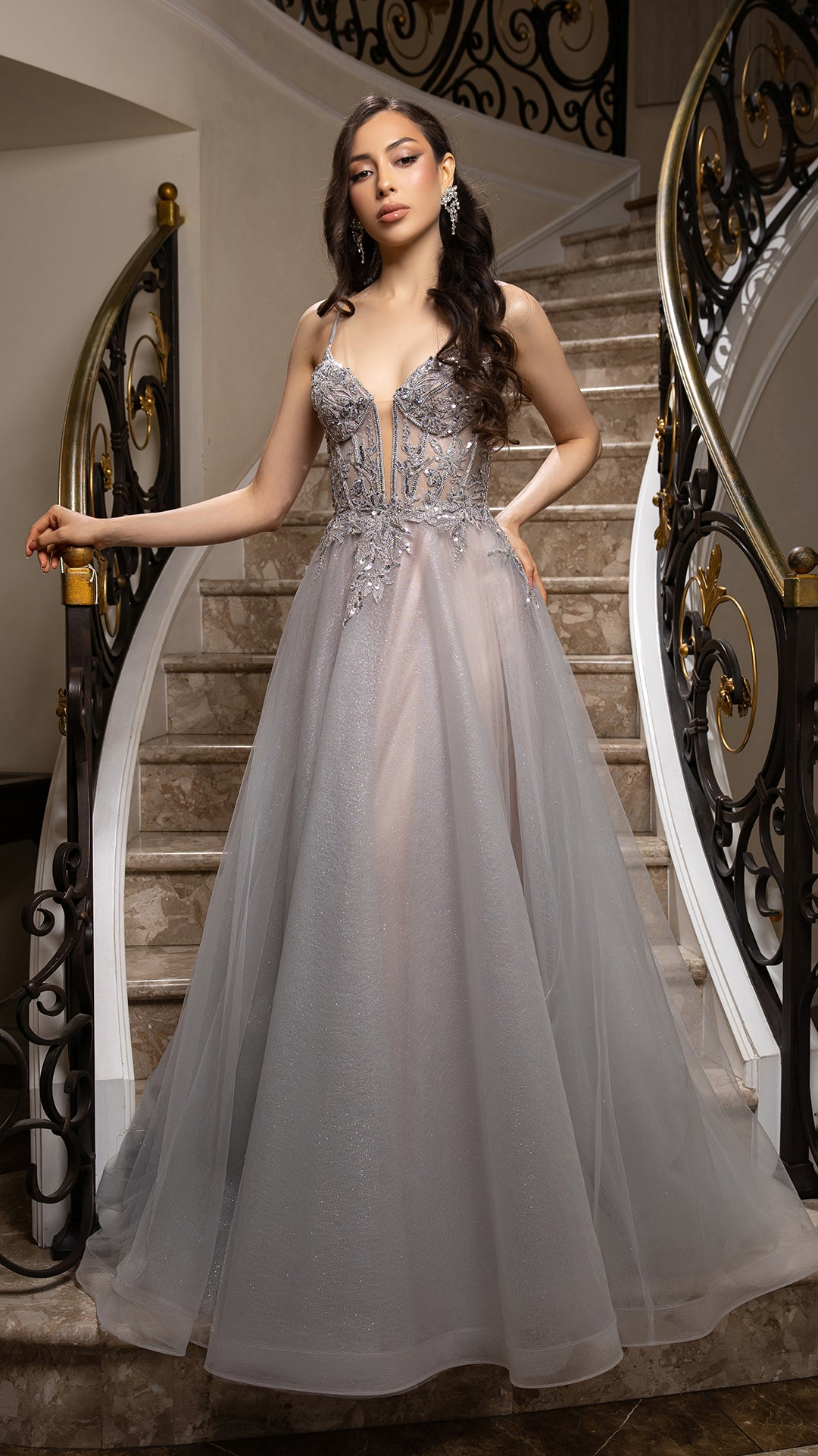 A-Line Glitter Tulle Evening Gown with Beaded Applique Bodice & Spaghetti Straps By May Queen MQ2178