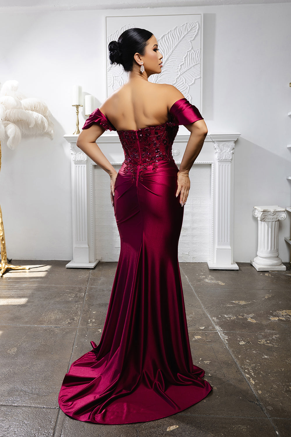 Off Shoulder Satin Mermaid Gown with Beaded Lace Appliqué & High Slit by May Queen MQ2181
