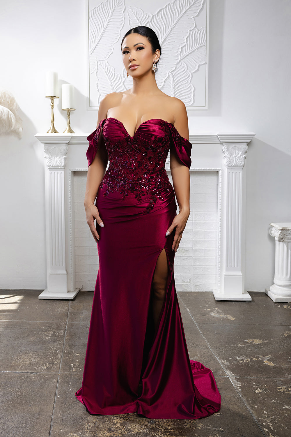 Plus Size Mermaid Evening Gown with Beaded Corset Bodice & High Slit by May Queen MQ2181B
