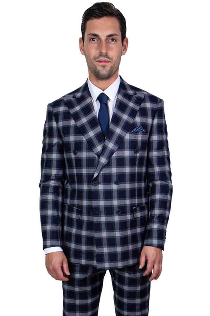 Stacy Adams Double Breasted Navy Plaid Suit