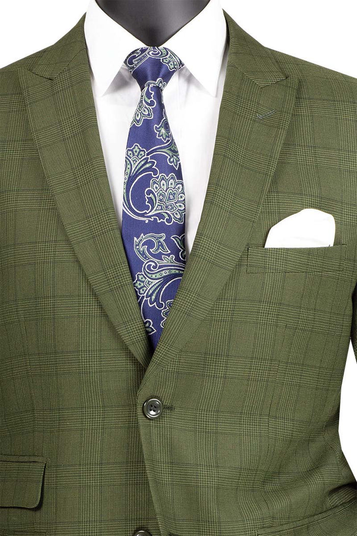 Catania Collection Modern Fit Windowpane Suit Olive