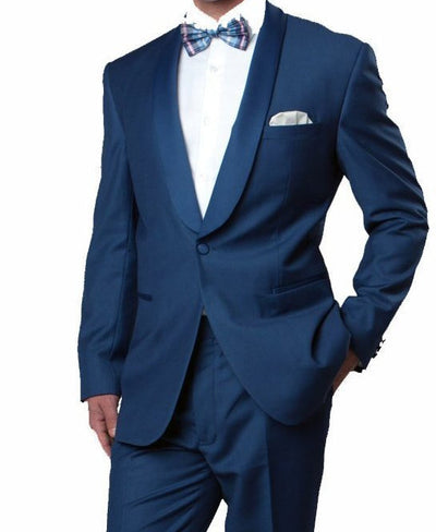 Blue Slim Tuxedo Satin Shawl Lapel, 1 Button