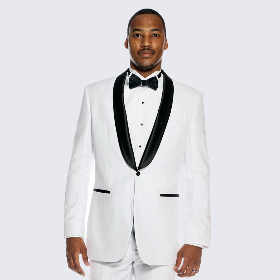 White Slim Fit Tuxedo with Black Shawl Lapel – Wedding & Prom