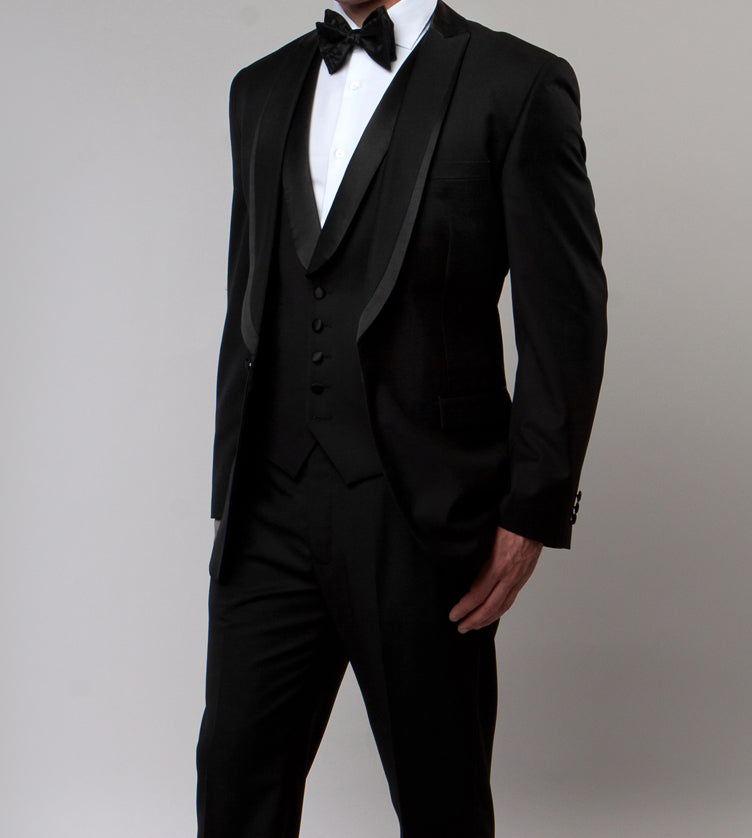 Black Slim Fit 3 Piece Tuxedo with Satin Shawl Vest