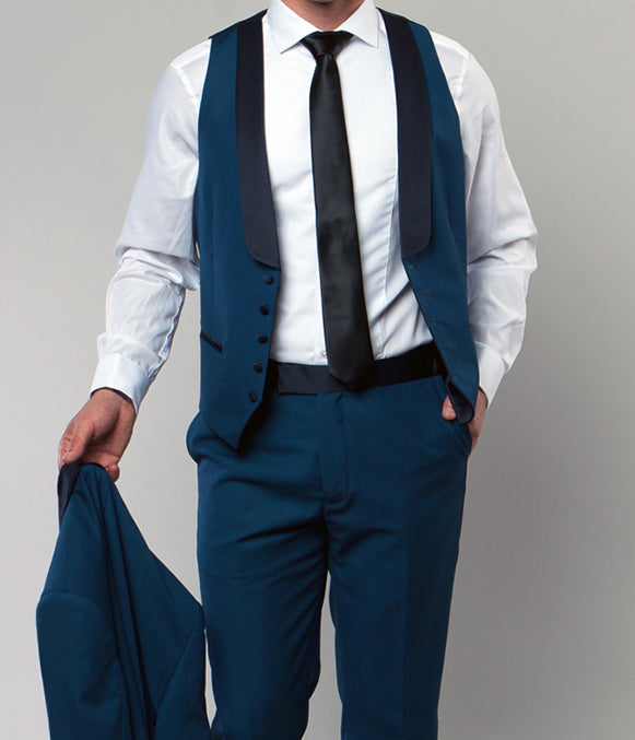 Blue Slim Fit Satin Shawl Tuxedo Set