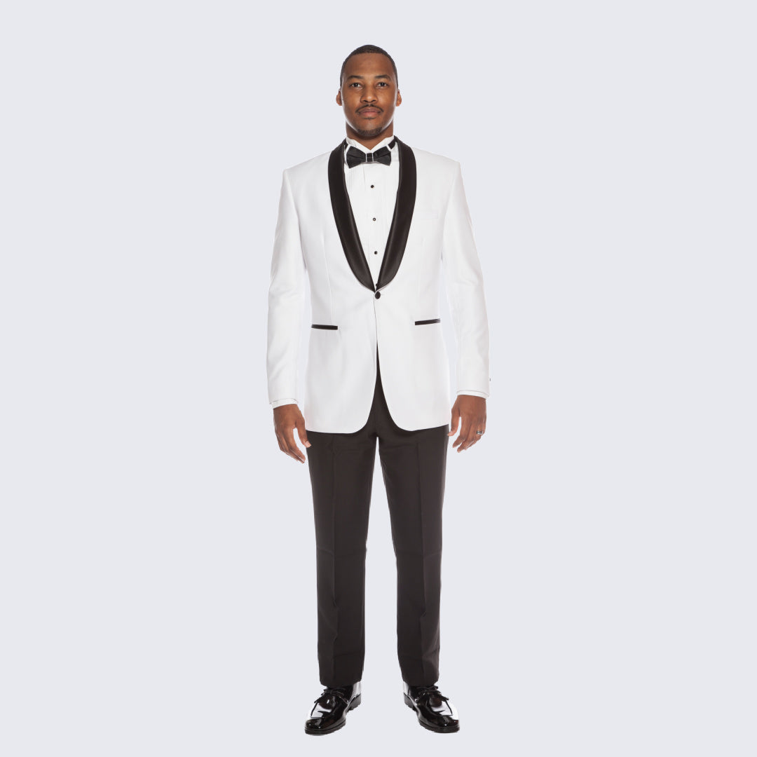 White Slim Fit Tuxedo with Black Shawl Lapel – Wedding & Prom