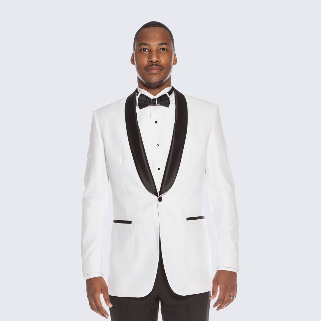 White Slim Fit Tuxedo with Black Shawl Lapel – Wedding & Prom
