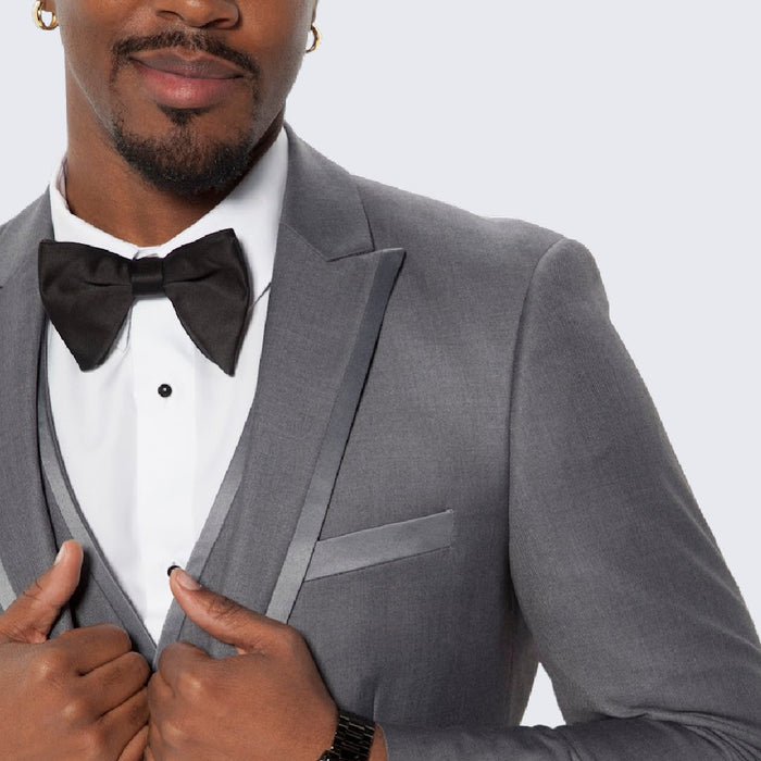 Mid Grey Textured Tuxedo Three Piece Set with Satin Trim - Wedding - Prom