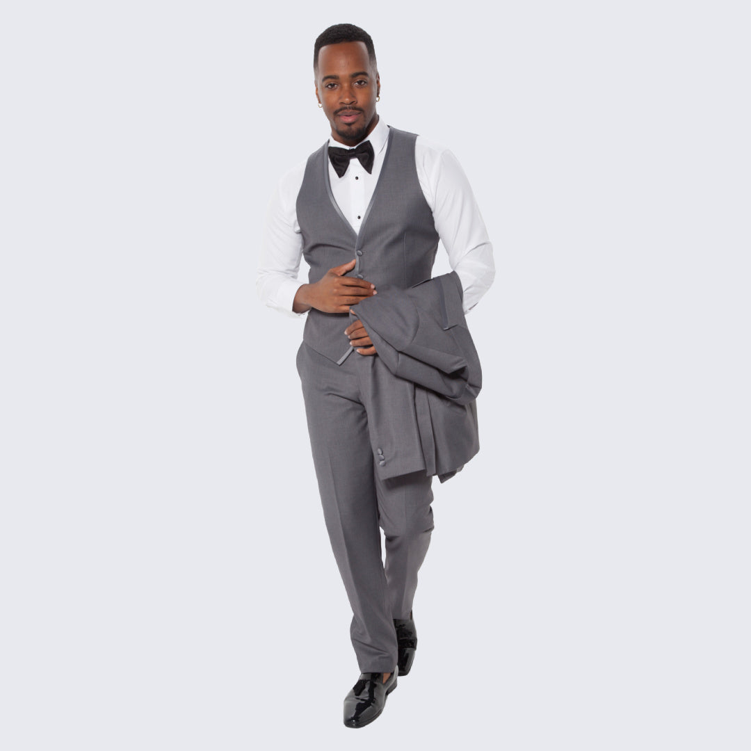 Mid Grey Textured Tuxedo Three Piece Set with Satin Trim - Wedding - Prom