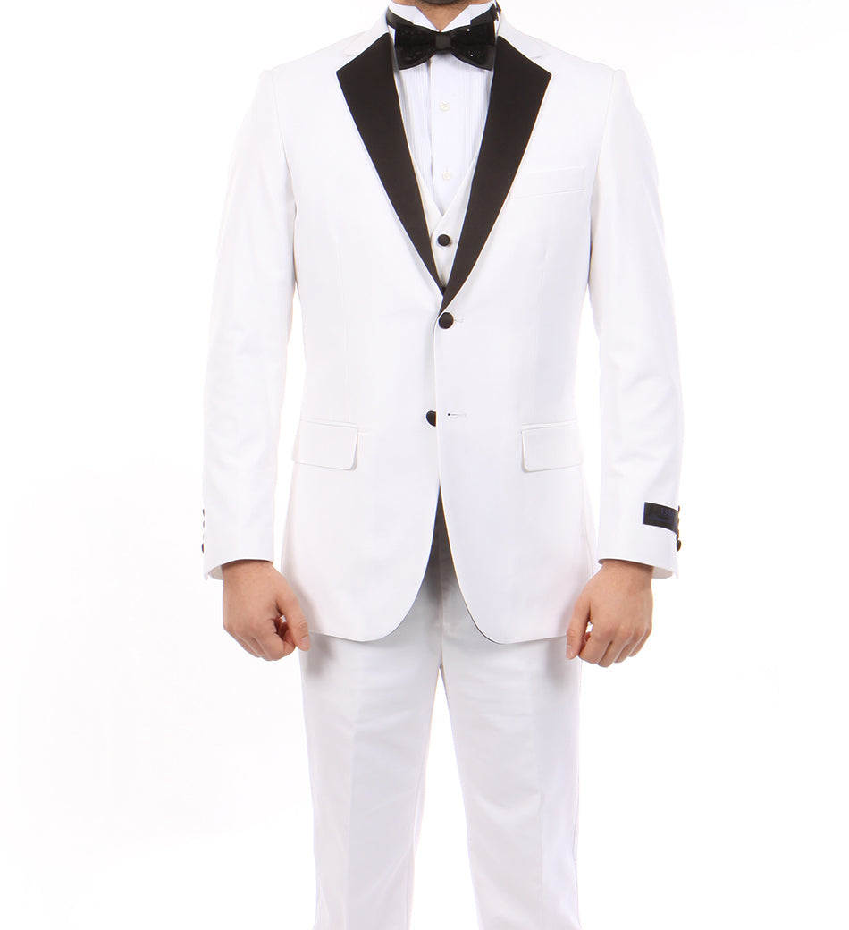 White Modern 3 Piece Tuxedo with Black Lapel