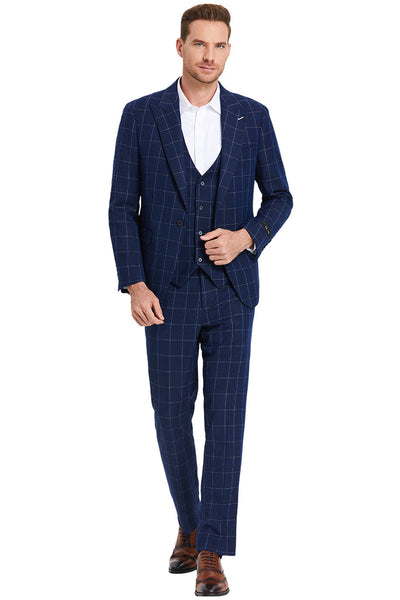 Navy Windowpane One Button Peak Lapel Suit