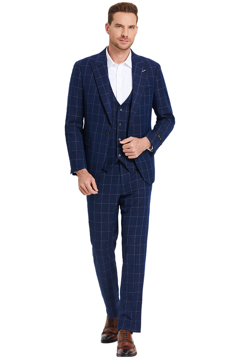 Navy Windowpane One Button Peak Lapel Suit