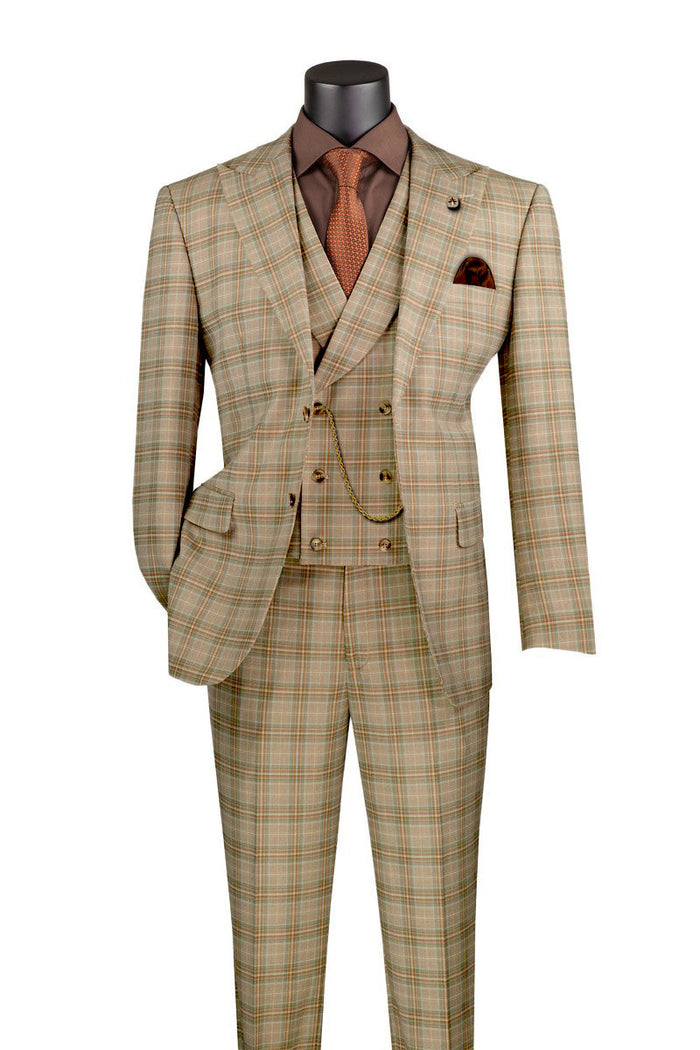 Khaki Windowpane Peak Lapel 3 Piece Suit