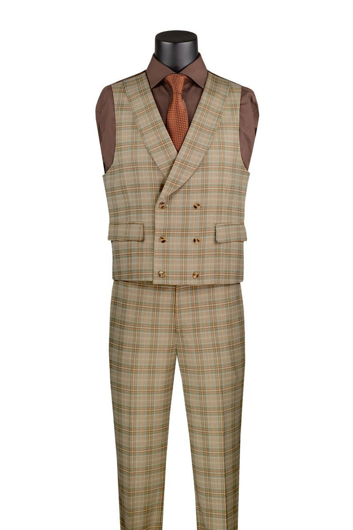 Khaki Windowpane Peak Lapel 3 Piece Suit