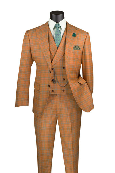 Orange Windowpane Peak Lapel 3 Piece Suit