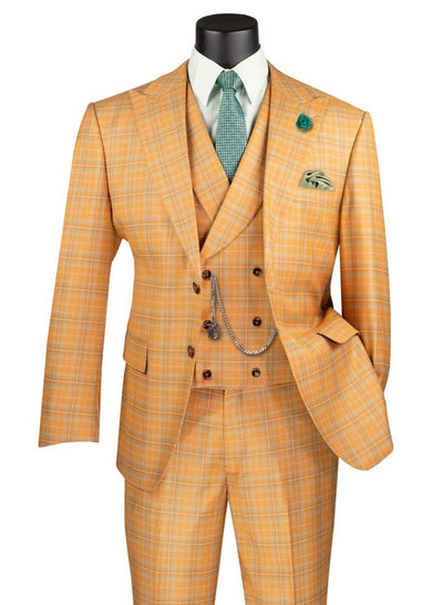 Men's Orange Plaid 1920s 3 Piece Suit with Vest Modern Fit MV2W-3