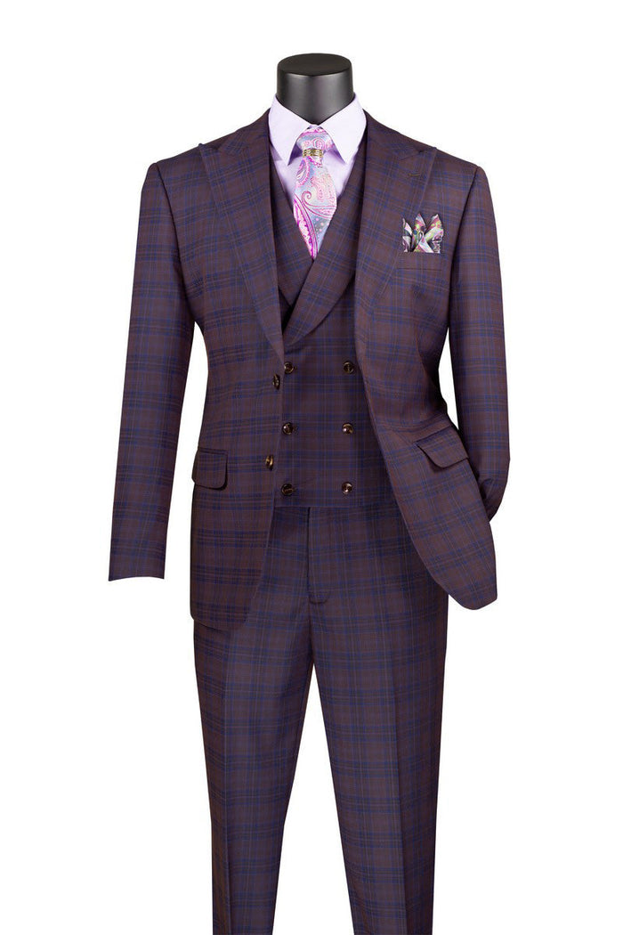 Purple Modern Fit Windowpane Peak Lapel Suit by Vinci