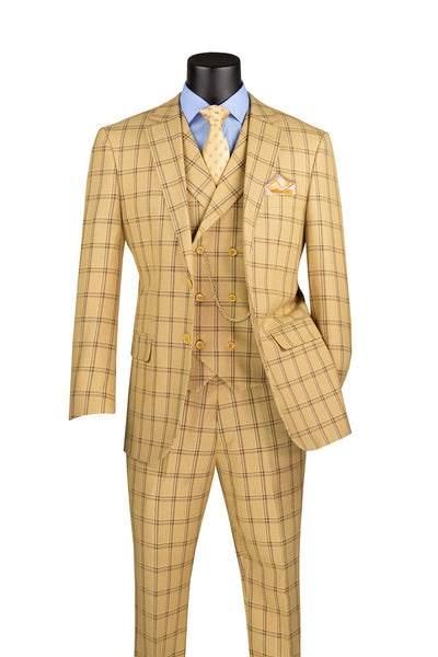 Lazio Modern Fit Windowpane 3 Piece Suit in Tan