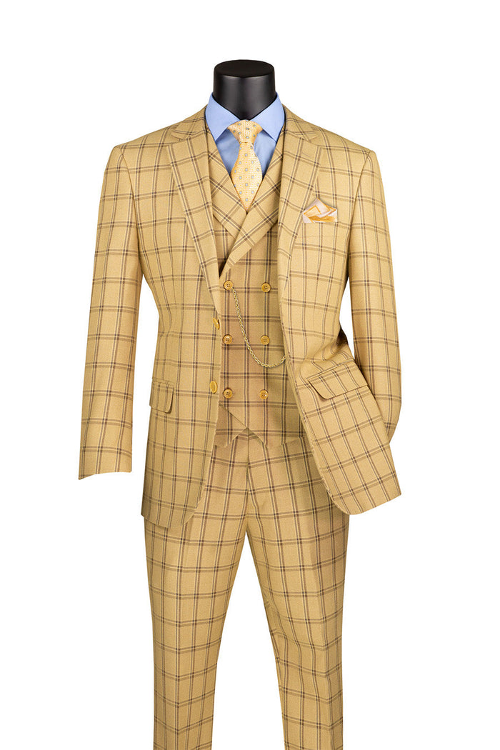 Lazio Modern Fit Windowpane 3 Piece Suit in Tan