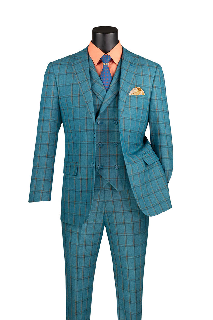 Lazio Modern Fit Windowpane 3 Piece Suit, Teal Blue