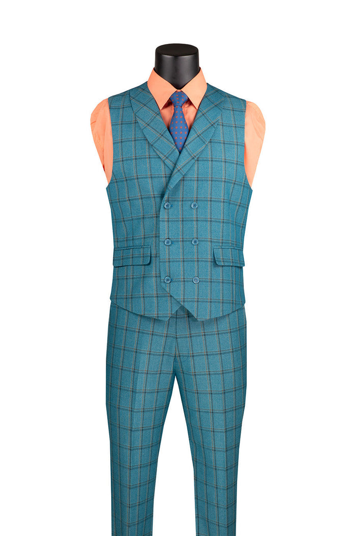 Lazio Modern Fit Windowpane 3 Piece Suit, Teal Blue