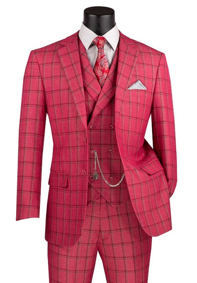 Men's Raspberry Red Plaid 3 Piece Suit with Vest Vinci MV2W-4