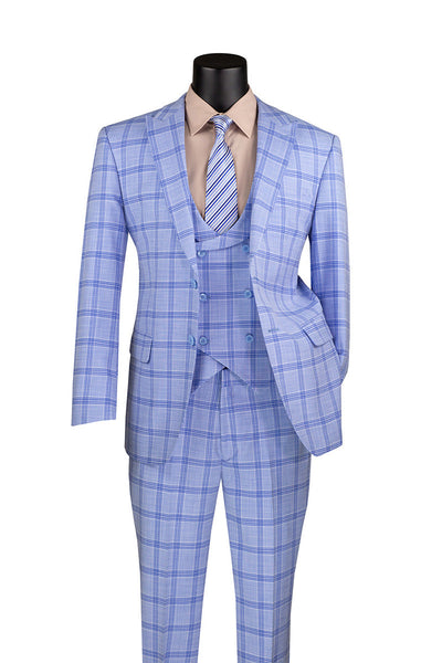 Modern Fit Windowpane 3 Piece Suit with U-Neck Vest