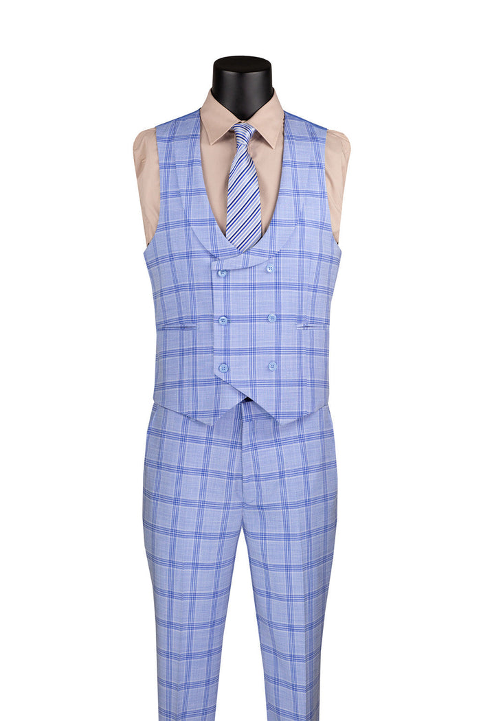 Modern Fit Windowpane 3 Piece Suit with U-Neck Vest